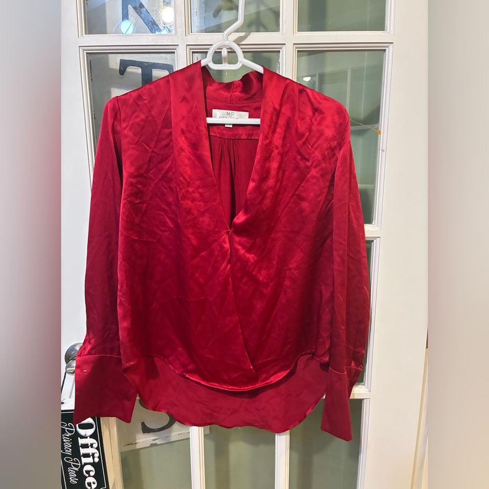 Maison + Papillon Burgundy Satin Wrap Blouse Long Sleeve Surplice Top XS